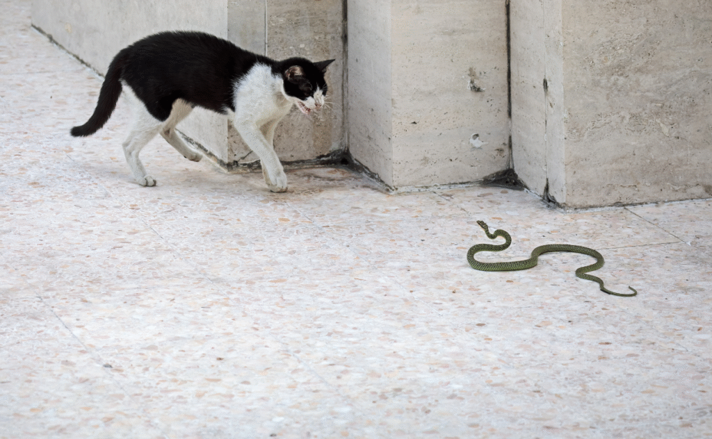 Snake attacks cat